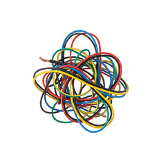Tangled colorful electrical wires forming a chaotic knot.