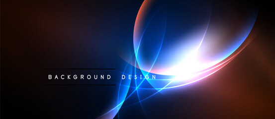 Abstract design features flowing curves, vibrant colors, bright light effects. Dark background enhances luminosity, creating dynamic visual impact.