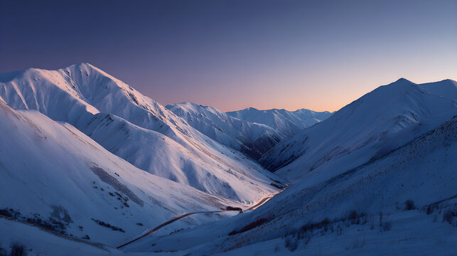 Snowy mountain pass glowing in twilight, panoramic symmetry and cinematic winter calm