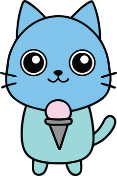 Kawaii Cat Holding Ice Cream Cone Drawing