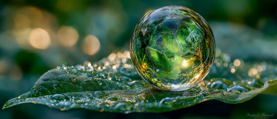 Glass globe with green leaf reflection and water drops, eco nature concept and environmental harmony