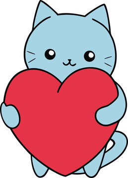 Cute Kawaii Cat Hugging Heart Pillow Illustration