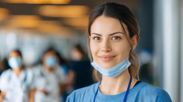 A portrait of a smiling woman healthcare professional in a blue uniform and mask, set in a bright medical facility. The image captures trust, care, and dedication in a clinical environment