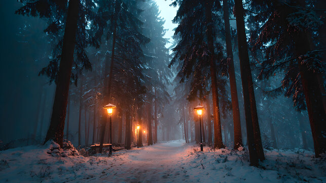 Snowy pine forest path illuminated by lanterns, blue-hour fog and cinematic perspective