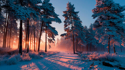 Winter sunrise in snowy pine forest, golden sunlight through trees, peaceful and beautiful nature scene