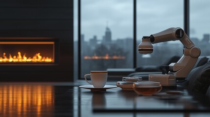 cozy rainy day espresso served by a robotic arm near digital fireplace, futuristic smart home café 