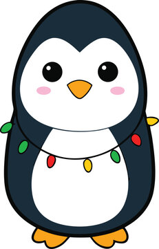 Kawaii Penguin With Christmas Lights Illustration