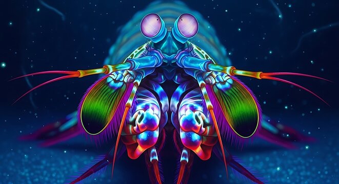 Vibrant underwater portrait of a psychedelic peacock mantis shrimp glowing with iridescent rainbow colors in the deep dark ocean
