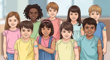 Diverse group of vaccinated kids smiling with bandages on their arms illustrating child healthcare vaccination campaign for health awareness projects.