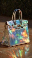 A luxury handbag crafted from stylish, reflective holographic material that shines in diverse lighting.