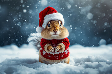  A Chipmunk standing in snow with winter clothes like Santa Claus. Christmas style hat and sweater.