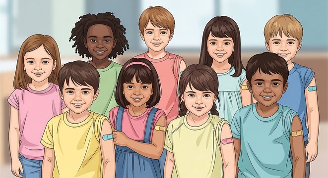 Diverse group of vaccinated kids smiling with bandages on their arms illustrating child healthcare vaccination campaign for health awareness projects.