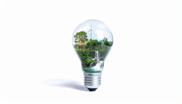 A glowing light bulb containing a miniature forest, wind turbine, and waterfall inside