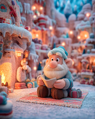 Cute Christmas elf with white beard reading letter in cozy snowy cave, 3D cartoon winter fantasy scene