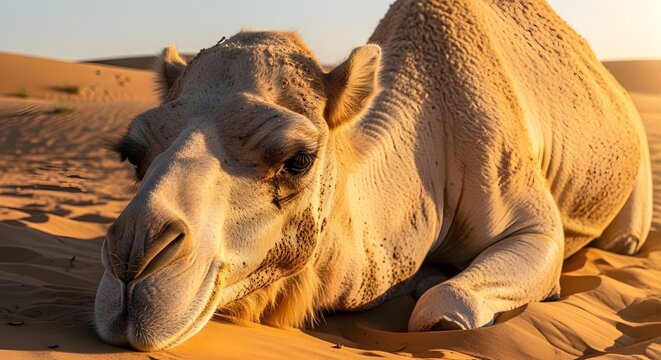 Close-up portrait of a serene dromedary camel resting peacefully in golden desert sand, bathed in warm natural light. Detailed shot highlights its tranquil expression and textured fur