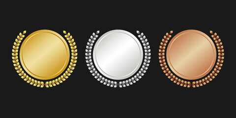 Elegant gold, silver and bronze medals with laurel wreaths for the winners, a luxurious symbol of the nominee for the award, the emblem of the award in the nomination. 