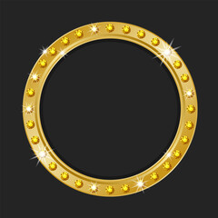 Realistic gold frame, template, label, reward. A round shiny gold frame, edged with diamonds, highlighted on a black background. Vector illustration
