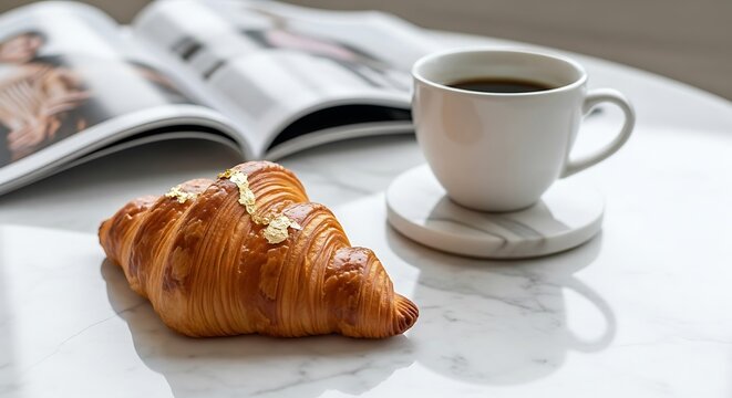 Indulge in a delightful morning with a golden, buttery croissant and a steaming cup of coffee on a pristine marble surface