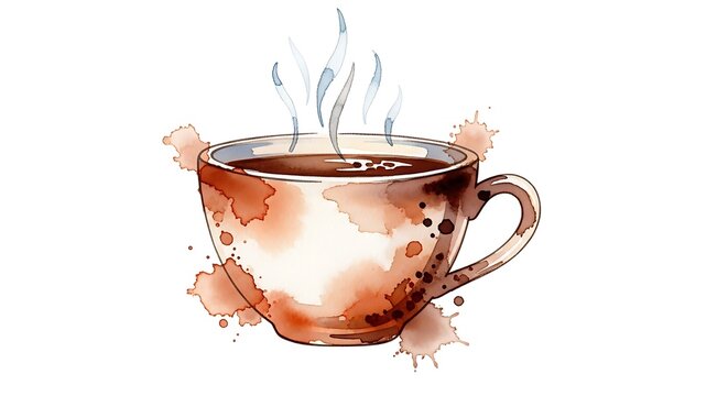 Watercolor painting of a steaming cup of coffee with artistic brown splashes on a white background art