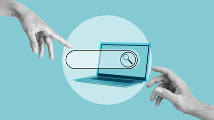 The hand inputs keyword and click to internet search page on laptop. Online search of information,...