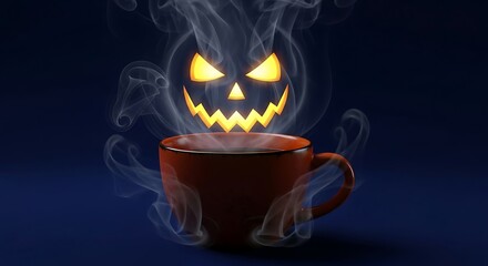 Spooky halloween coffee cup with a ghostly pumpkin face formed from steam on a dark blue background