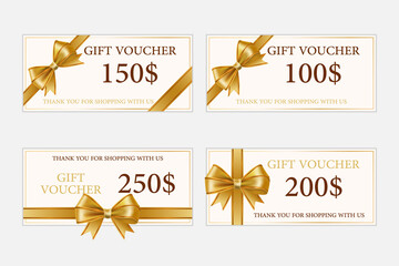 A set of gift certificates with a golden bow on 100$, 150$, 200$, 250$.