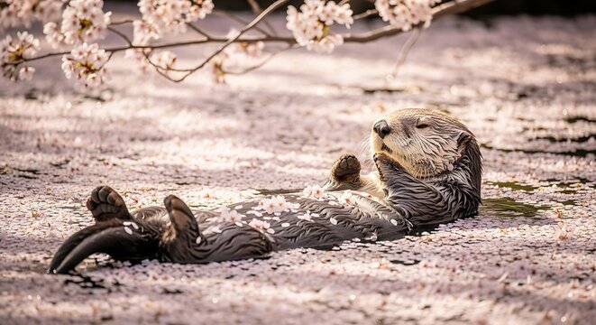 A cute whiskered sea otter rests peacefully on its back, covered by a blanket of soft pink cherry blossom petals during springtime
