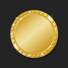 Realistic gold medal, template, label, award. An empty round shiny metal emblem, edged with diamonds, highlighted on a black background. 