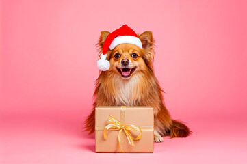 A cute Australian silky terrier dog wearing a Santa hat with gift set sitting against a side of soft pink flat background.