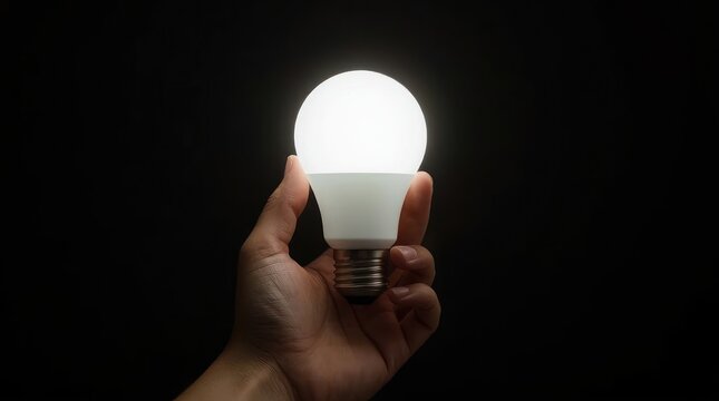 Bright Idea Hand Holding a Lit LED Bulb Against a Dark Background