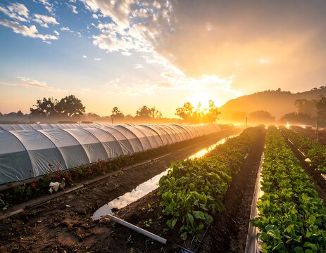 A sunlit farm scene with rows of crops, greenhouses, and a distant mountain at golden hour. Mist hangs low in the air - Powered by Adobe