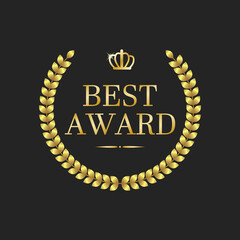 The best award. A golden laurel wreath with a golden crown isolated on a black background.