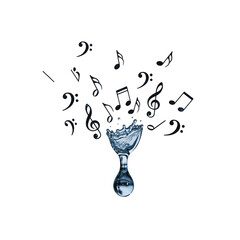 Water glass with musical notes floating above, isolated on transparent background, creating a harmonious blend of elements