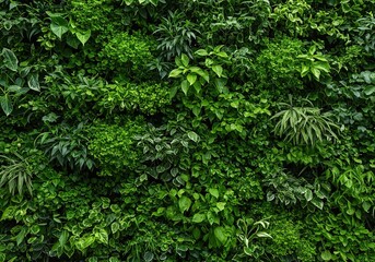 Obraz premium A beautiful, dense wall of various green plants, showcasing a vibrant vertical garden design that enhances any space with natural beauty ,pattern ,growth ,texture