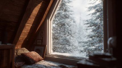 Winter cabin window view of falling snow, depth perspective and soft interior lighting, cozy emotional tone