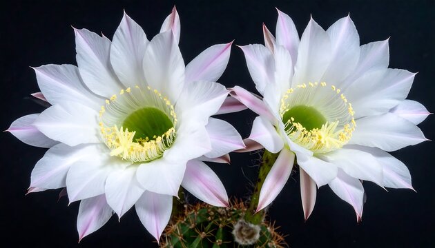 Two large white cactus flowers, with delicate pink stripes, bloom atop a prickly green plant against a black background - Powered by Adobe