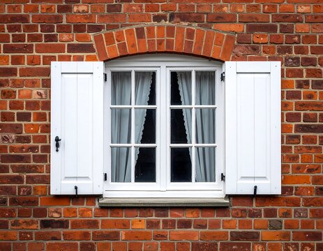 A square white-framed window with matching shutters sits centered in a reddish-brown brick wall, simple and classic