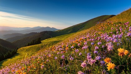 Fototapeta premium Colorful Wildflowers Bloom On A Hillside