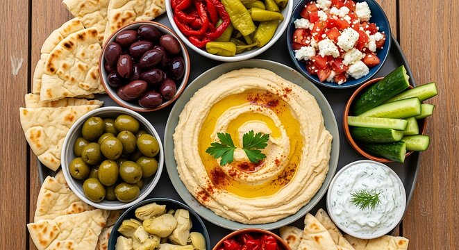 Delicious Mediterranean Mezze Platter with Hummus, Olives, Pita, and Fresh Vegetables for Healthy Snacking and Entertaining