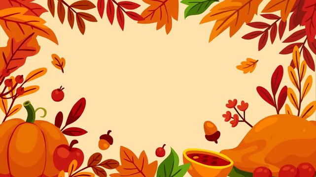 Beautiful autumn background featuring pumpkins, fall leaves, acorns, and seasonal fruits in warm orange and red tones. Perfect footage for Thanksgiving greetings, fall celebrations, and harvest-themed
