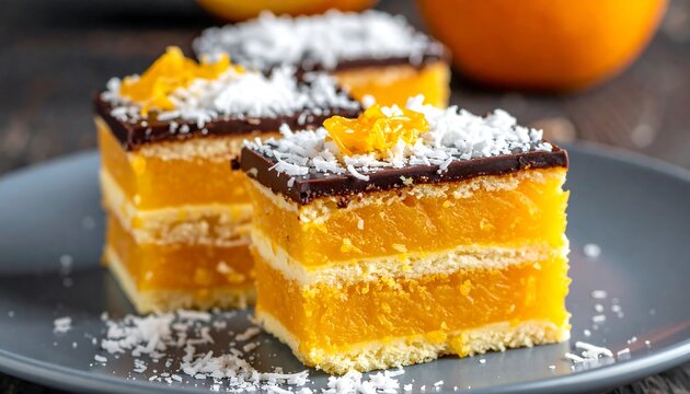 Two layered, bright orange, cake squares with chocolate and coconut topping sit on a gray plate near an orange - Powered by Adobe