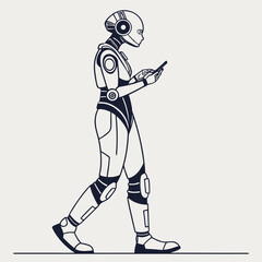 Futuristic android robot walking and using a smartphone