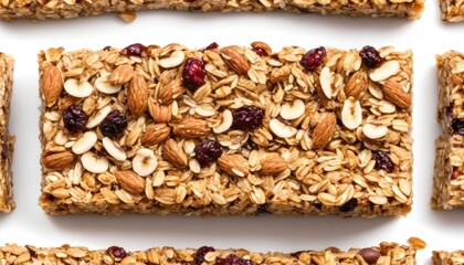 Close-up of a cereal bar containing almonds, peanuts and small balls. The texture and shape of the candy bar stand out perfectly against a white background.