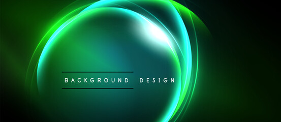 Abstract green neon glow. Smooth lines create circular shapes, vibrant illumination. Dark background emphasizes bright energy, modern design element.