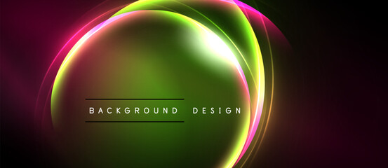 Abstract neon circles overlap, creating vibrant green, pink glow. Dark background emphasizes luminous design elements. Simple text reads background design.