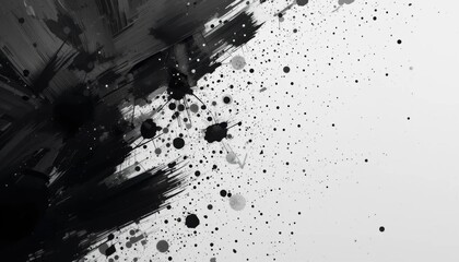 Abstract black and white background with dynamic splashes and strokes of black ink creates an impressive composition. The dark areas on the left turn into small dots that smoothly disappear 