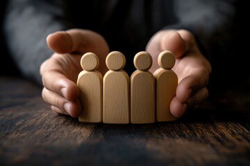 Protected Figures: A close-up shot shows hands cradling wooden figurines, symbolizing care and protection of people or a community.