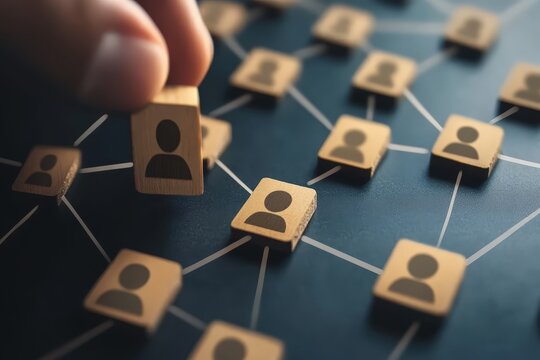 Building Connections: A symbolic representation of interconnectedness emerges as a hand carefully positions a wooden block adorned with a person icon within a network.