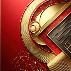 The abstract red-and-gold pattern includes textured golden circles and square elements with dark stripes. The composition creates an impression of luxury and elegance.
