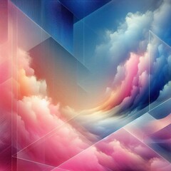 Abstract digital art combines cloud shapes with geometric elements in vibrant pink, orange and blue tones. Smooth lines and transparent shapes.
